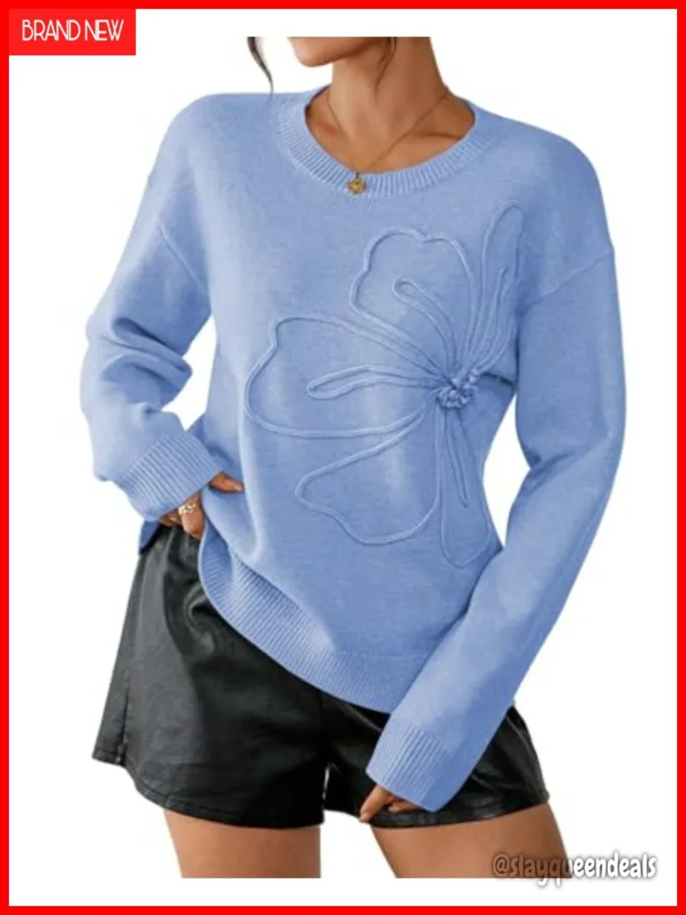 Women's Long Sleeve Crewneck Pullover Floral Sweater Classic Knit Top